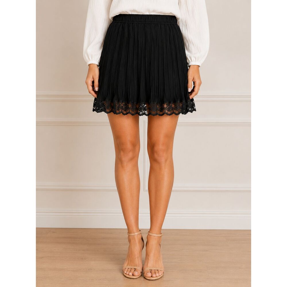 All Saints Azura Black Pleated Lace Trim Mini Skirt